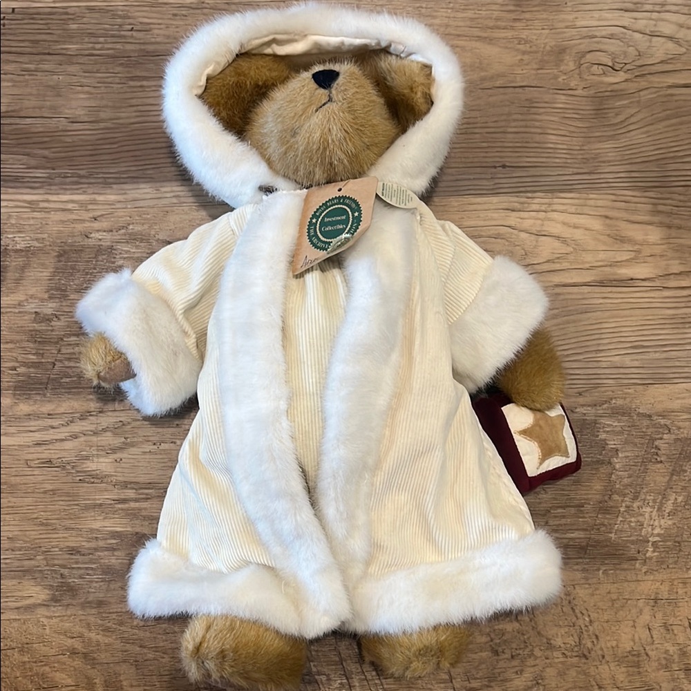 Plush Boys Bear in White Faux Fur Coat